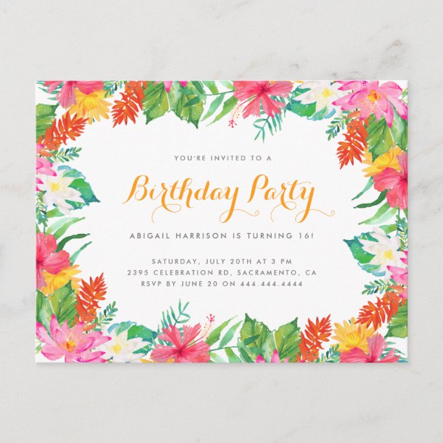 Cartão Postal De Convite Festa de aniversário de Verão de Folhagem Tropical (Frente)