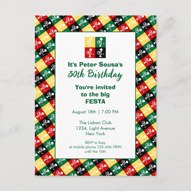 Cartão Postal De Convite Festa de Aniversário do Galo de Barcelos (Frente)