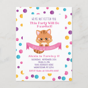 Cartão Postal De Convite Festa de Aniversário do Gatinho Fofinho Confete Ar