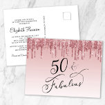 Cartão Postal De Convite Festa de aniversário Elegante, cor-de-rosa Dourada<br><div class="desc">Chic e elegante 50ª festa de aniversário de convite postal. "50 & Fabuloso" é escrito em um script de caligrafia em na moda, sobre fundo ombre rosa, e dourado rosa e brilho falso rosa a partir do topo. Personalize facilmente com seu nome e com os detalhes da quinquagésima festa de...</div>