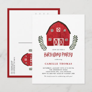 Cartão Postal De Convite Festa de Aniversário Fazenda Celeiro Vermelho Aqua