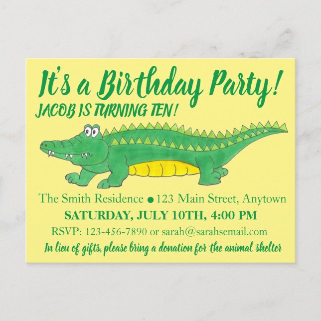 Cartão Postal De Convite Festa de Aniversário Jacaré Crocodilo Verde Amarel (Frente)