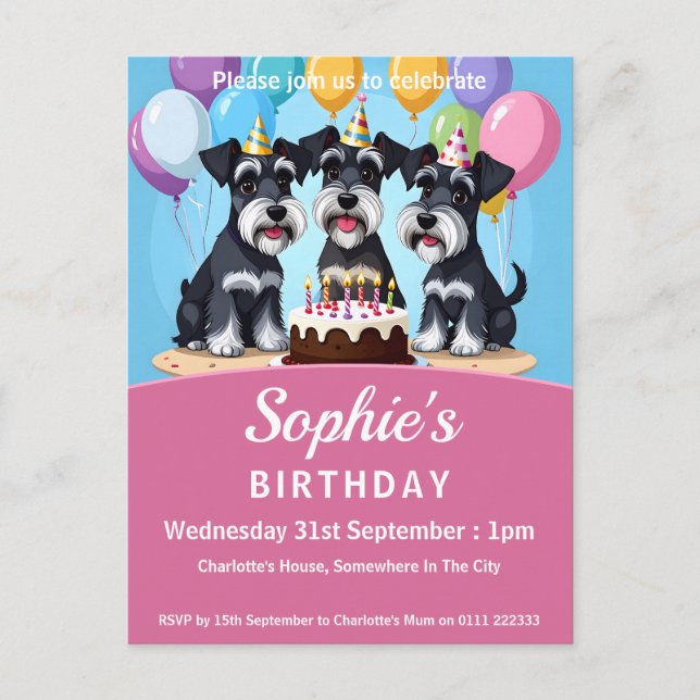 Cartão Postal De Convite Festa de aniversário Miniatura Schnauzers (Frente)