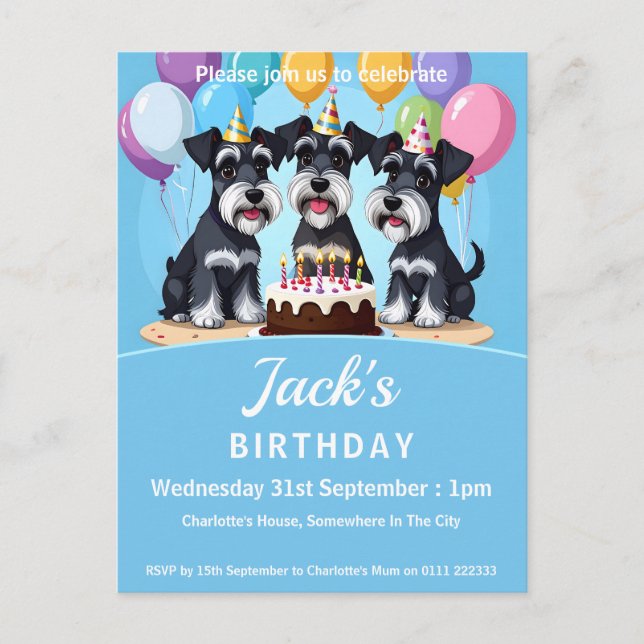 Cartão Postal De Convite Festa de aniversário Miniatura Schnauzers (Frente)