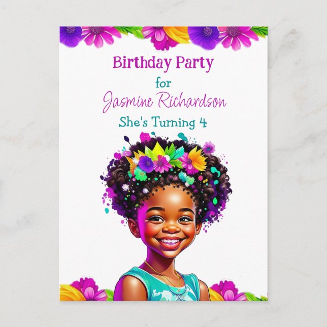 Cartão Postal De Convite Festa de aniversário personalizada moça afro-ameri (Frente)