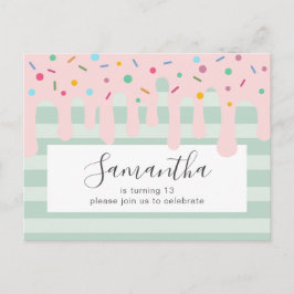 Cartão Postal De Convite Festa de Aniversário Pink Drip Sprinkle Fofa