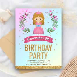 Cartão Postal De Convite Festa de Aniversário Princesa Floral Rosa Brilho D
