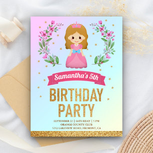 Cartão Postal De Convite Festa de Aniversário Princesa Floral Rosa Brilho D