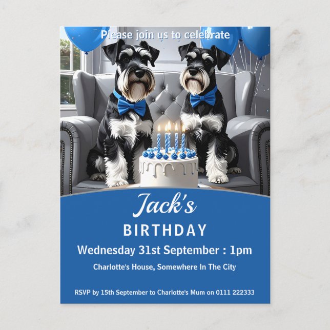 Cartão Postal De Convite Festa de aniversário Schnauzers (Frente)