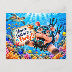 Cartão Postal De Convite Festa de Aniversário Subaquática de Hipopótamo mer