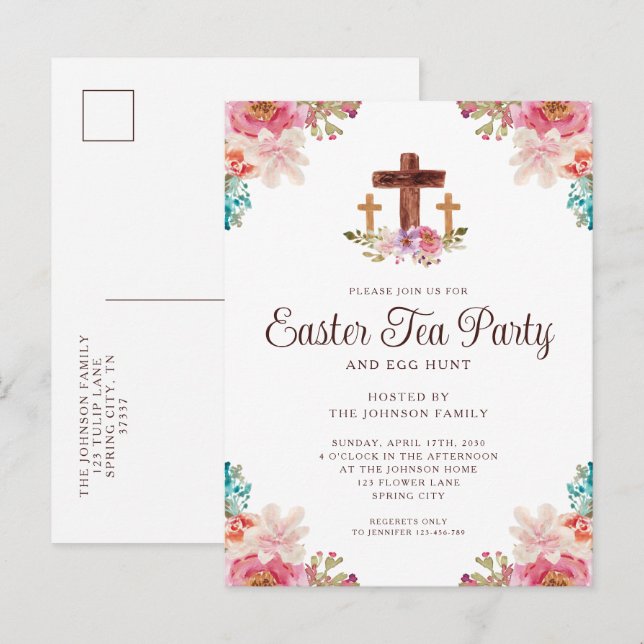 Cartão Postal De Convite Festa de Chá de Páscoa Cruz Floral Elegante (Frente/Verso)