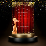 Cartão Postal De Convite Festa de cinema de 16 glitter vermelho de ouro doc<br><div class="desc">Um convite moderno, na moda e glamouroso para um doce tema de 16, 16 festas de aniversário, Hollywood. Um fundo vermelho com pó de ouro falso, uma garota vestindo um vestido de ouro. Uma cortina de filme vermelha como fundo O nome é escrito com um moderno script de estilo escrito...</div>