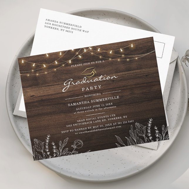Cartão Postal De Convite Festa de Formatura 2026 Script (Graduation 2025 Script Grad Party String Lights Invitation Postcard)