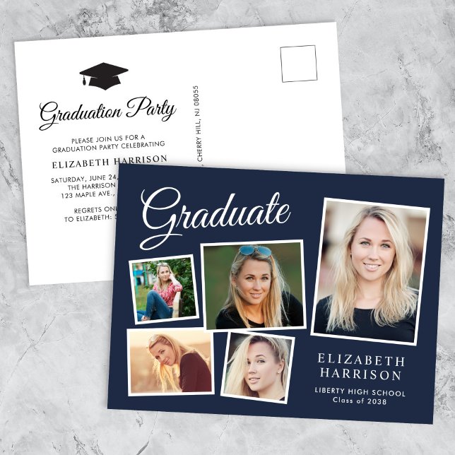 Cartão Postal De Convite Festa de formatura Azul de Colagem de Fotografias  (A personalized photo graduation party invitation to celebrate the graduate's achievements)
