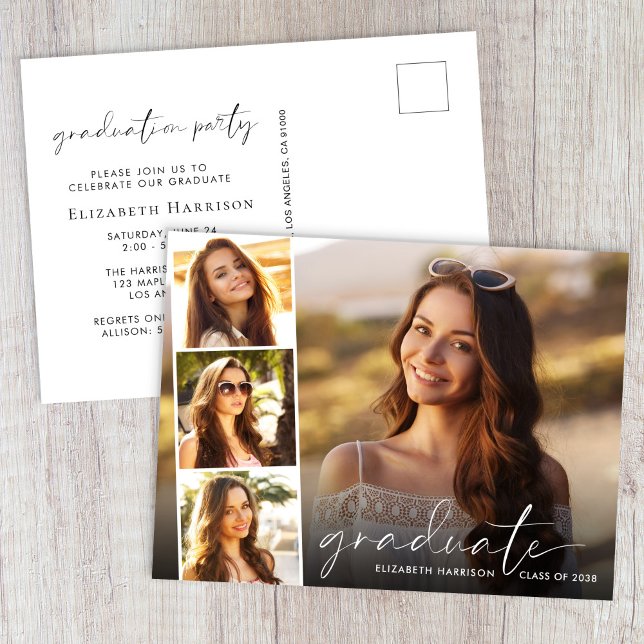 Cartão Postal De Convite Festa de formatura de Fita de Fotografia de Script (Elegant White Script Photo Strip Graduation Party Invitation Postcard)