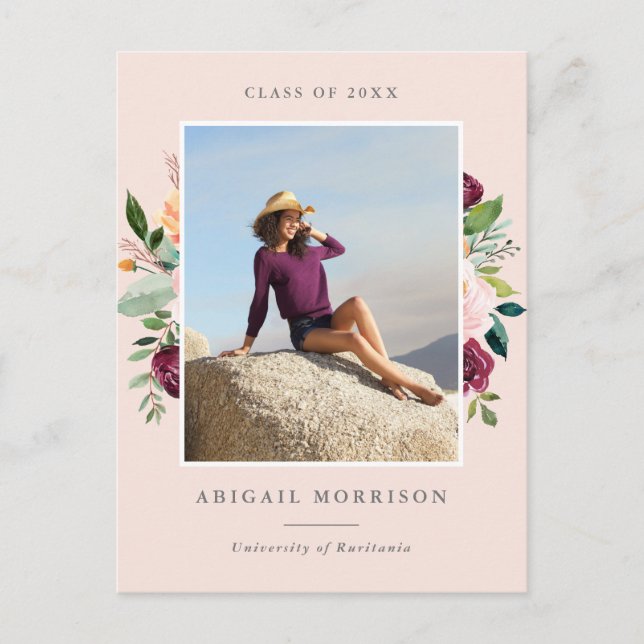 Cartão Postal De Convite Festa de formatura de Fotografia Floral Blush Burg (Frente)