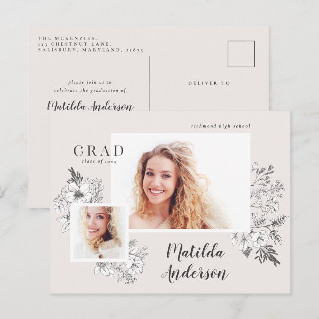 Cartão Postal De Convite Festa de formatura elegante floral multiculosa (Frente/Verso)