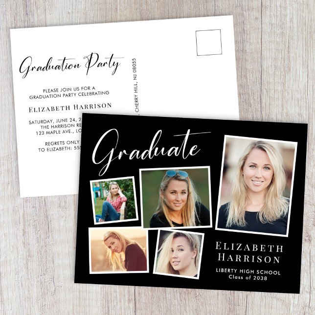 Cartão Postal De Convite Festa de formatura Preta de Colagem de Fotos Elega (Elegant Photo Collage Black Graduation Party Invitation Postcard)