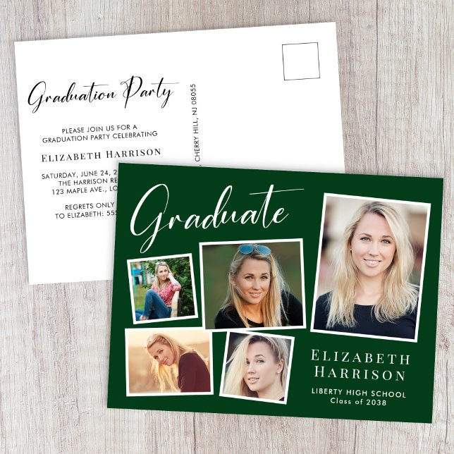 Cartão Postal De Convite Festa de formatura Verde de Colagem de Fotos Moder (Modern Photo Collage Green Graduation Party Invitation Postcard)