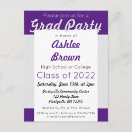 Cartão Postal De Convite Festa de Graduação Purple Silver Bold Grad Party