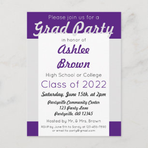 Cartão Postal De Convite Festa de Graduação Purple Silver Bold Grad Party