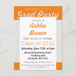 Cartão Postal De Convite Festa de Graduação Silver Orange Bold Grad Party