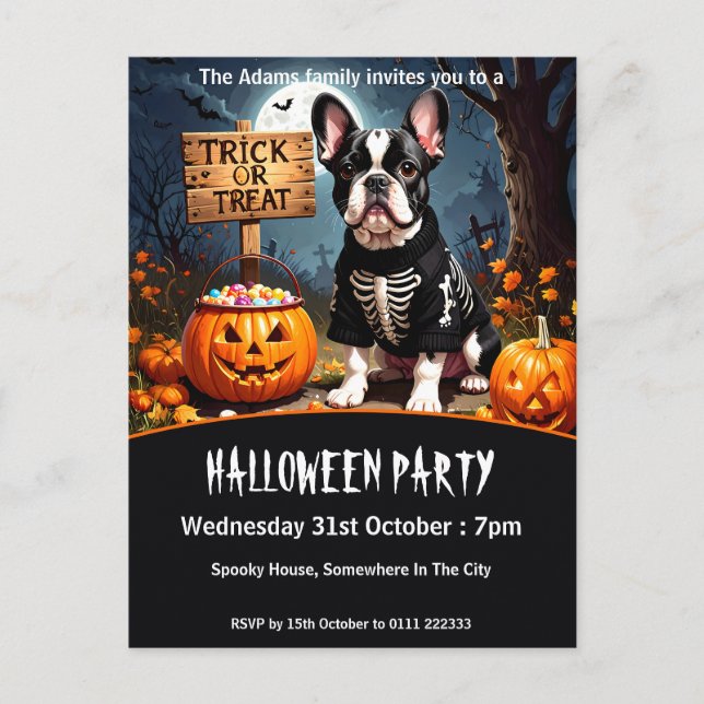 Cartão Postal De Convite Festa de Halloween do Buldogue Francês (Frente)