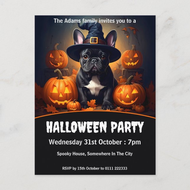 Cartão Postal De Convite Festa de Halloween do Buldogue Francês (Frente)