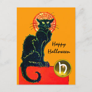 CARTÃO POSTAL DE CONVITE FESTA DE HALLOWEEN DO GATO PRETO MONOGRAMA