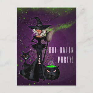 Cartão Postal De Convite Festa de Halloween Glam Bruxa em Preto Verde Roxo