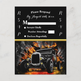 Cartão Postal De Convite festa de Hot Rod com fogo no casamento RSVP