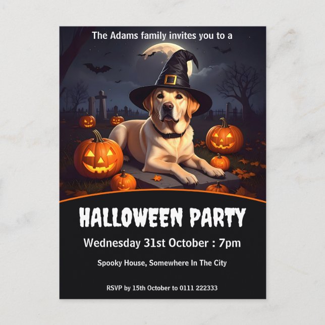 Cartão Postal De Convite Festa de Labrador Halloween (Frente)