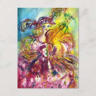 Cartão Postal De Convite Festa de Máscaras Arlequina Violinista Carnaval
