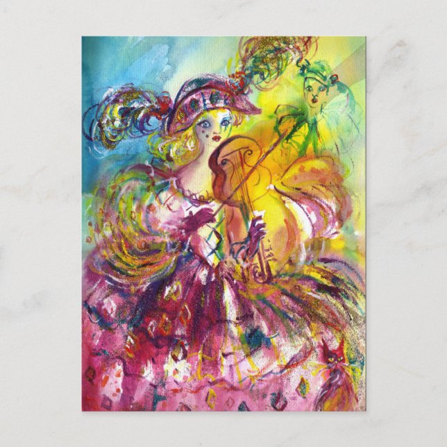 Cartão Postal De Convite Festa de Máscaras Arlequina Violinista Carnaval (Frente)