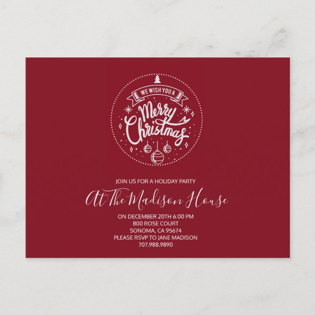 Cartão Postal De Convite Festa de Natal Alegre Vermelho e Branco (Frente)