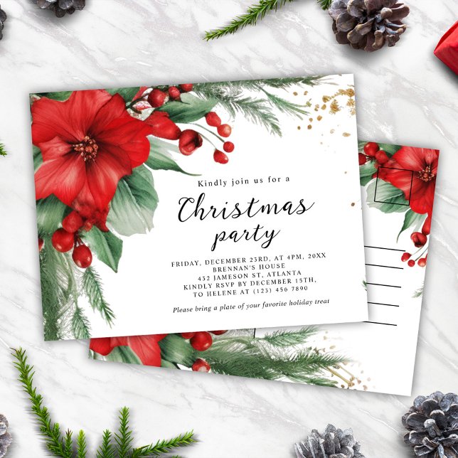 Cartão Postal De Convite Festa de Natal Botânica Vermelha Elegante (Elegant Red Green Botanical Christmas Party Invitation Postcard)
