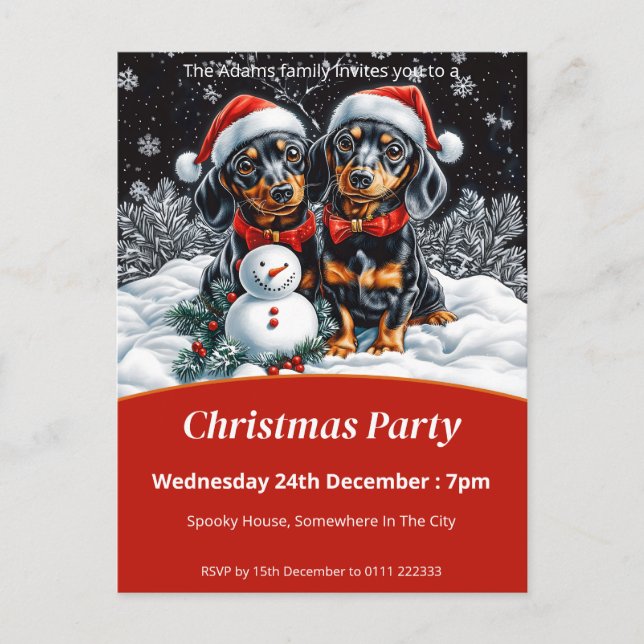 Cartão Postal De Convite Festa de Natal Dachshances e Snowman (Frente)