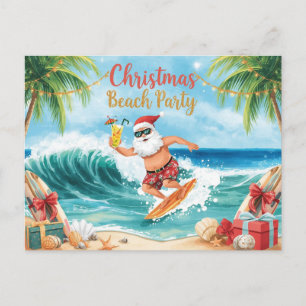 Cartão Postal De Convite Festa de Natal na Praia – Papai Noel Surfando Trop