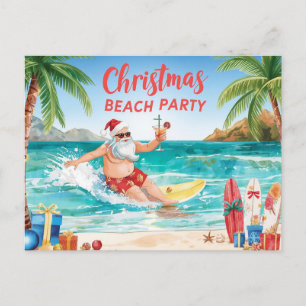 Cartão Postal De Convite Festa de Natal na Praia – Papai Noel Surfando Trop