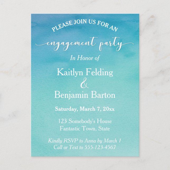 Cartão Postal De Convite Festa de noivado de Aquarela de Cheiro e Azul 2 (Frente)