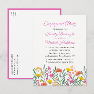 Cartão Postal De Convite Festa de Noivado Floral Boho Watercolor Wildflower