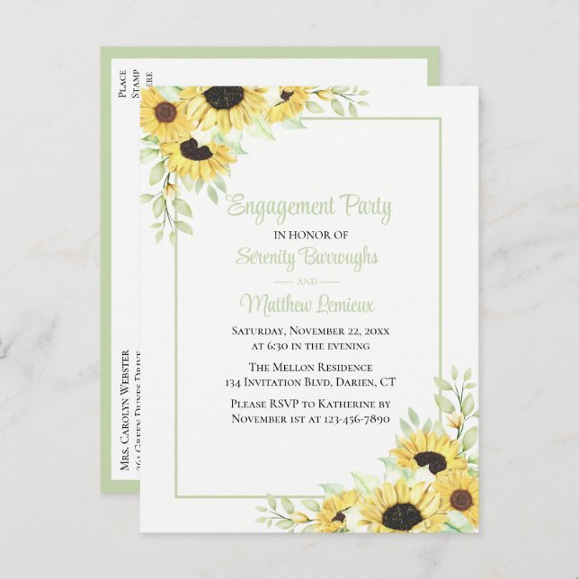 Cartão Postal De Convite Festa de noivado Verde Amarelo Amarelo Floral (Frente/Verso)