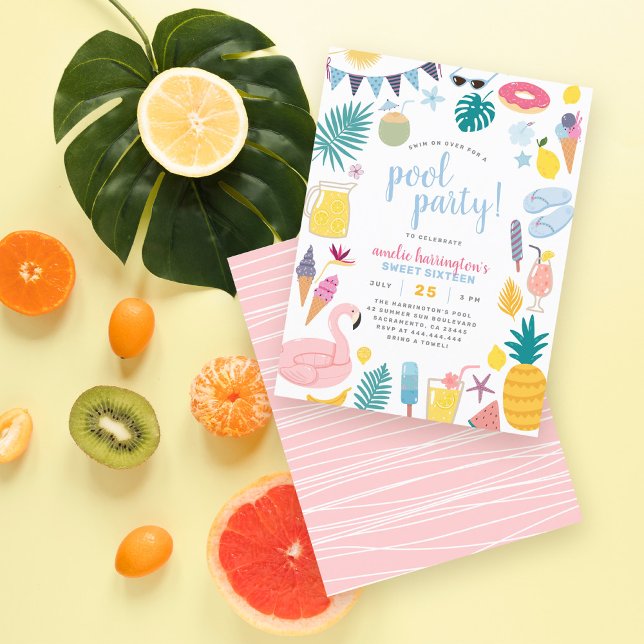 Cartão Postal De Convite Festa de Piscina bonita 16 Festas de aniversário (Criador carregado)