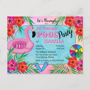 Cartão Postal De Convite Festa de Piscina de Aniversário Flamingle Pink