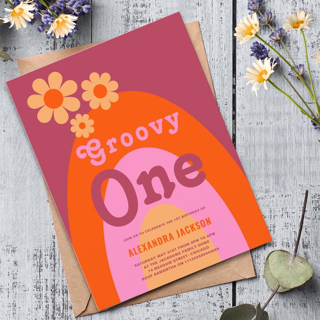 Cartão Postal De Convite Festa de primeiro aniversario do Groovy One Retro  (Groovy one retro boho 1st birthday party budget invitation postcard )