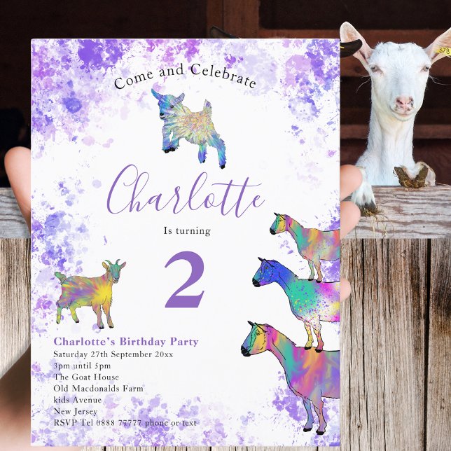 Cartão Postal De Convite Festa de segundo aniversário de Fazenda de Caprino (Cute goats farm animal 2nd birthday party invitation postcard colorful watercolor animal art)