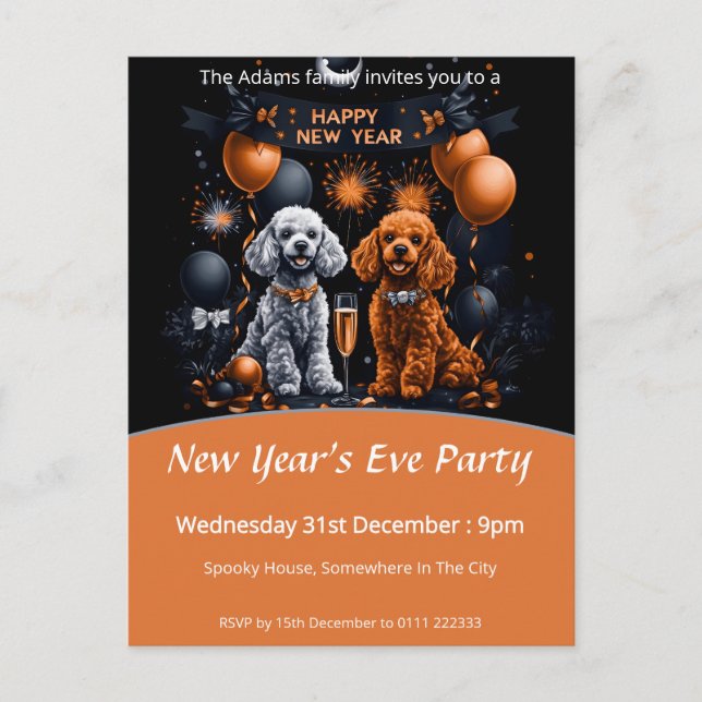 Cartão Postal De Convite Festa de véspera de Ano Novo de Poodles (Frente)