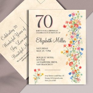 Cartão Postal De Convite Festa Elegante de 70 Anos de Aniversário Wildflowe