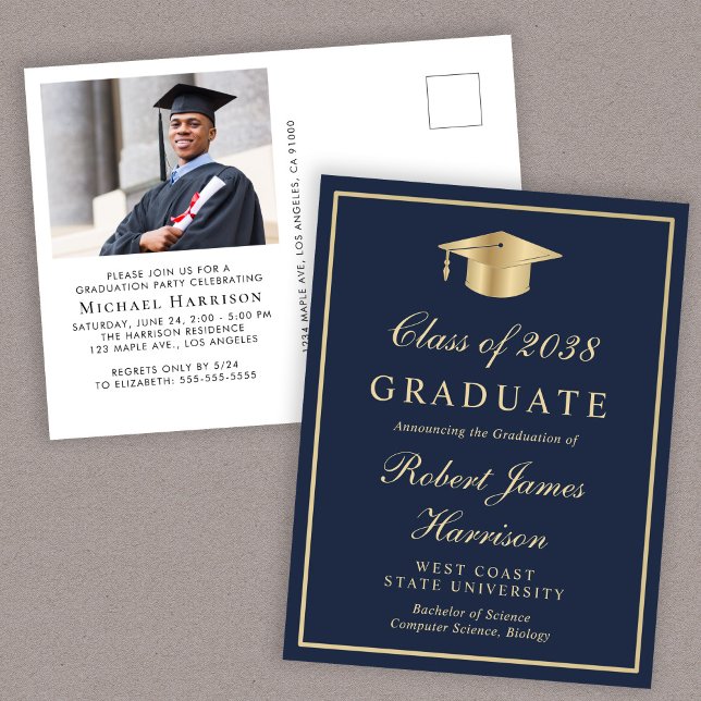Cartão Postal De Convite Festa Elegante do Formandos Azul Dourado (An elegant college graduation party invitation to celebrate the graduate's achievements)