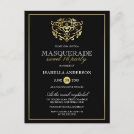Cartão Postal De Convite Festa Elegante Dourada e Mascarada Negra Doce 16